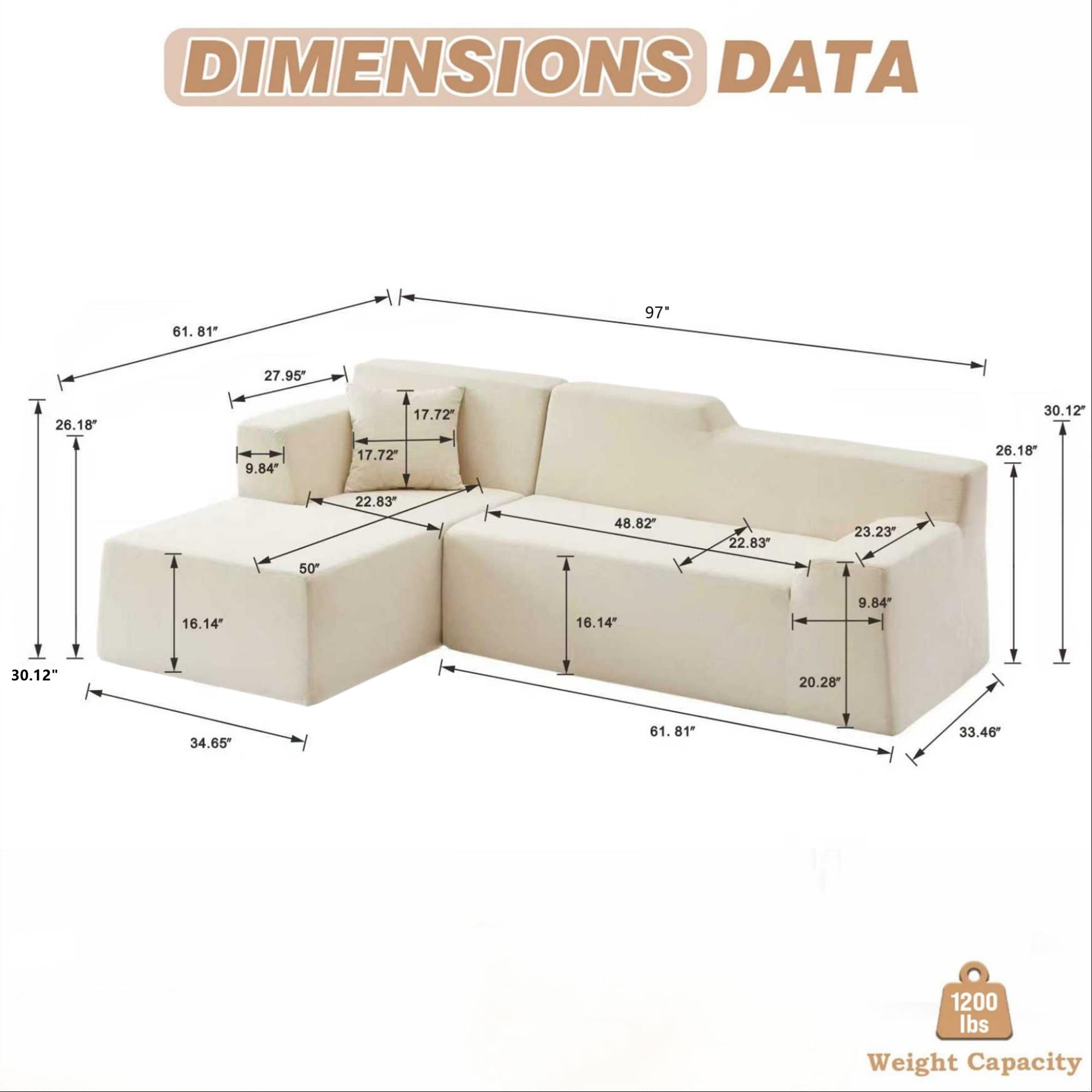 Aukfa 97" Cloud Sectional Sofa Trapezoid Boneless Couch Modular Sofa Bed for Living Room, Left Chaise, Black