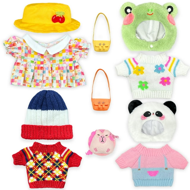 Set Navideño/Festivo de Ropa para Peluche de Capibara 26.5 cm (10.4"), 11 Piezas con Sombreros y Suéteres/Vestido + Mini Bolsas, Ideal para Regalo y Fotos de Temporada (No Incluye Peluche)