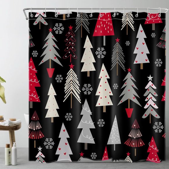 Black Christmas Shower Curtain Decor, Grey and Red Xmas Tree with Snowflake Winter Holiday Shower Curtain for Bathroom 72X72 inch Polyester Fabric Bathroom Decoration Bath Curtains Hooks Included