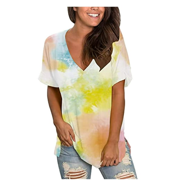 Gibobby Camiseta Powerblend con Cuello en V Camiseta suelta informal con cuello en V para mujer, blusa manga corta con estampado(Amarillo,M)