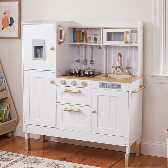 Pirecart Toddler Play Kitchen, Wooden Kitchen Playset with Realistic Light & Sounds and Cooking Accessories,for Age 3 Girls Boys, White