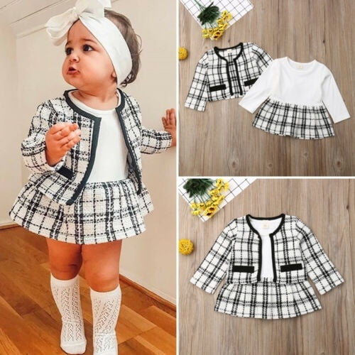 Toddler Kids Girl Boutique Clothes Sets Birthday Long Sleeve Plaid Coat Tops Tutu Dress 2Pcs Party Autumn Warm Outfits 1 5T