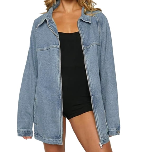 Women Casual Zip Up Spring Long Sleeve Oversized Denim Jackets with Pocket