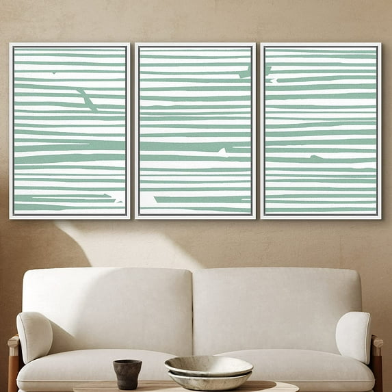 PixonSign Framed Wall Art Print Set Green Horizontal Line Array Abstract Shapes Illustrations Modern Art Chic Relax/Calm Multicolor Pastel for Living Room, Bedroom, Office - 24"x36"x3 White