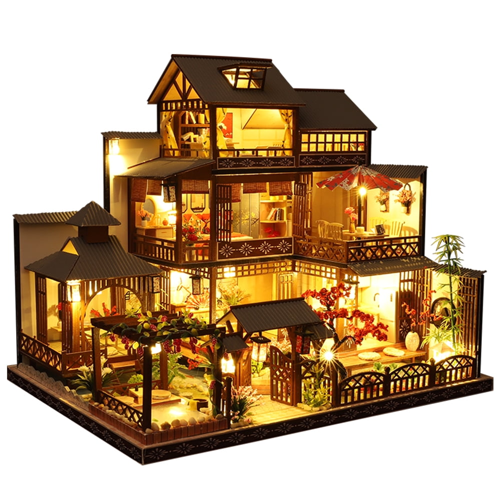 DIY Dollhouse Miniature Furniture Kit Wood Cabin w/ LED Lights Birthday Gifts 