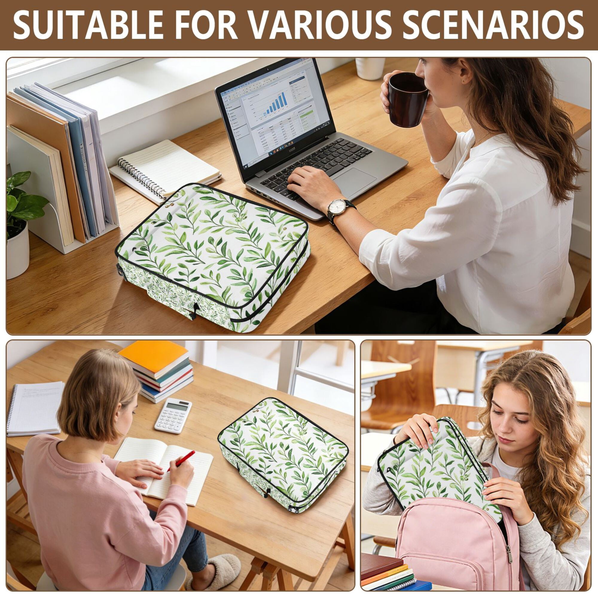 FORMRS Accordion File Folder A4 Size 7-Pocket Expanding Document Organizer Bag with 3 Ring Binder, Green Leafy Pattern