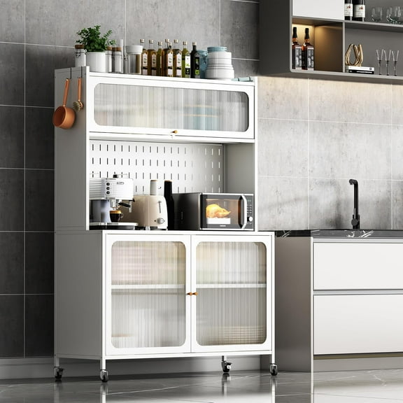Kitchen Pantry Storage Cabinet with Pegboard, 64" Tall Metal Hutch Cabinets with Doors and Shelf, Steel Sideboard Closet on Wheels for Kitchen Living Dining Room (White)