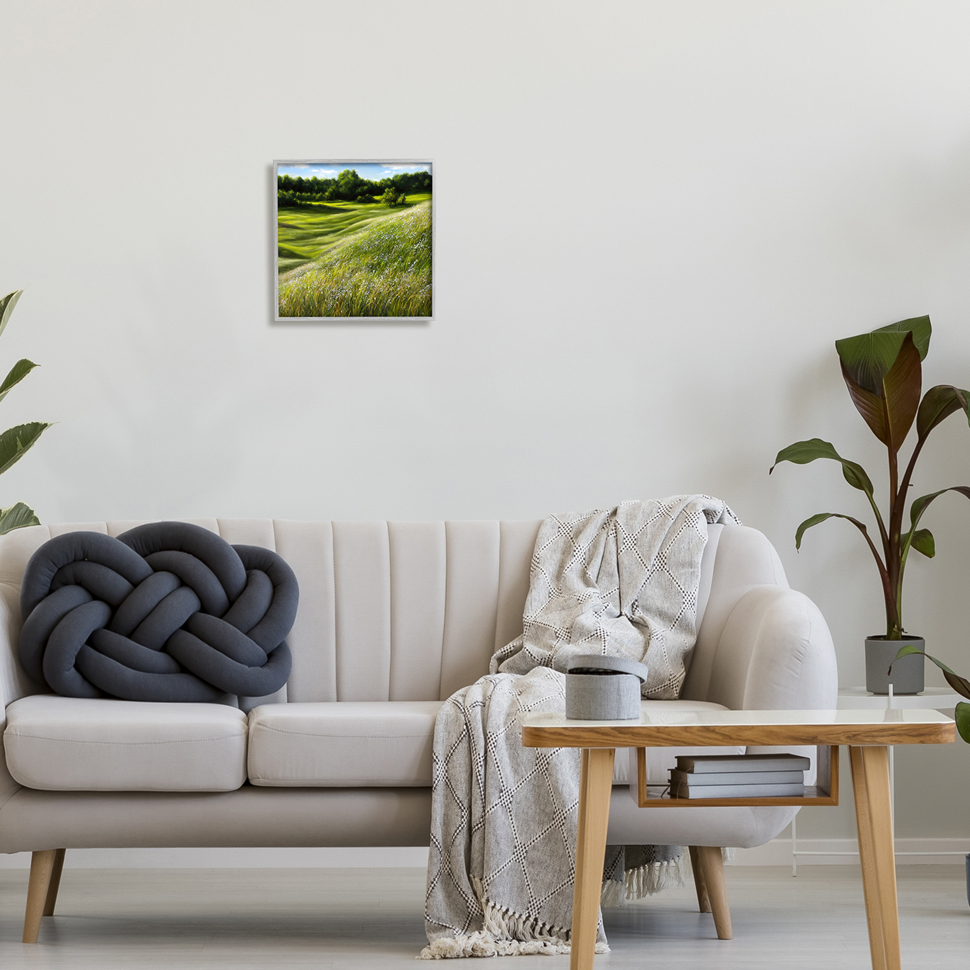 Stupell Industries Green Rolling Hills Landscape Painting Gray Framed Art Print Wall Art, 12 x 12
