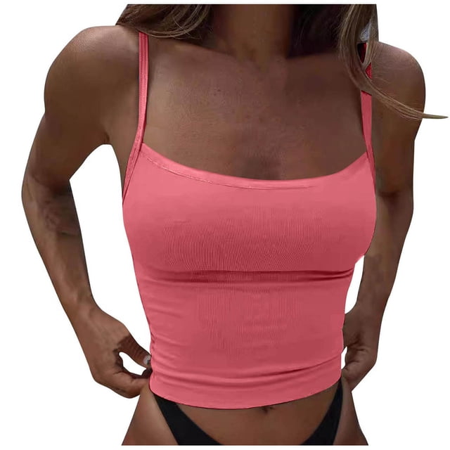 Timegard Womens Tank Top Scoop Neck Spaghetti Strap Skinny Comfy Solid Color Sleeveless Cropped Tee Top Summer
