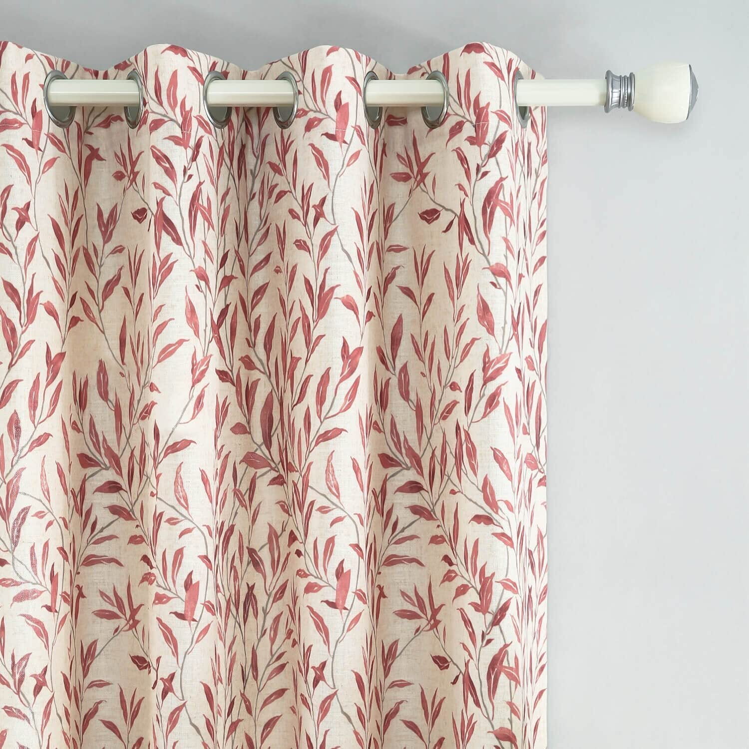 VOGOL Linen Textured Printed Window Drapes, Green Leaves Country Curtains for Bedroom Living Room, Grommets, W52"xL63", One Panel, Red