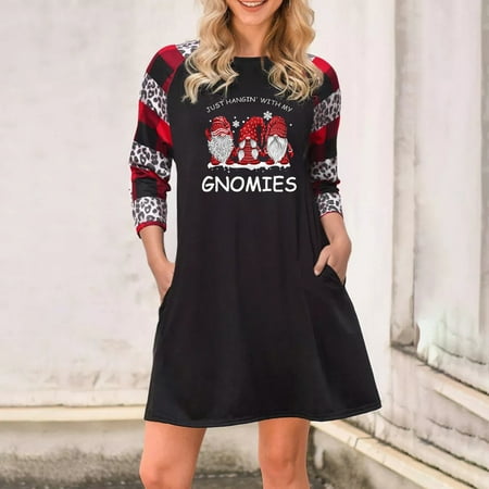

jsaierl Christmas Dresses for Women Casual Gnomes Graphic Shirt Dress Holiday Leopard Color Block Long Sleeve Dress Crewneck Hide Belly Mini Dress 2022
