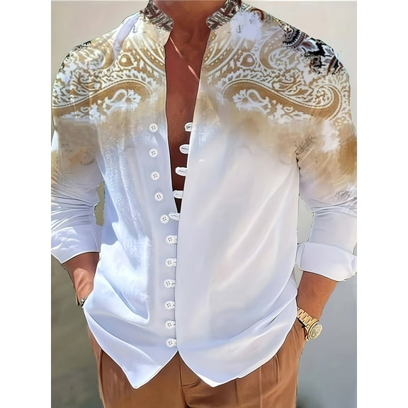 Mens Long Sleeve Linen Shirt Button up Loose fit Vintage Shirts Banded Collar high Elastic Tops Henley Shirt White L
