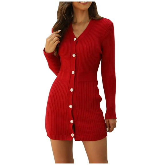 yillto Womens Mini Sweaters Dress Ribbed Knit Fall Winter Long Sleeve High Waist Button Dresses