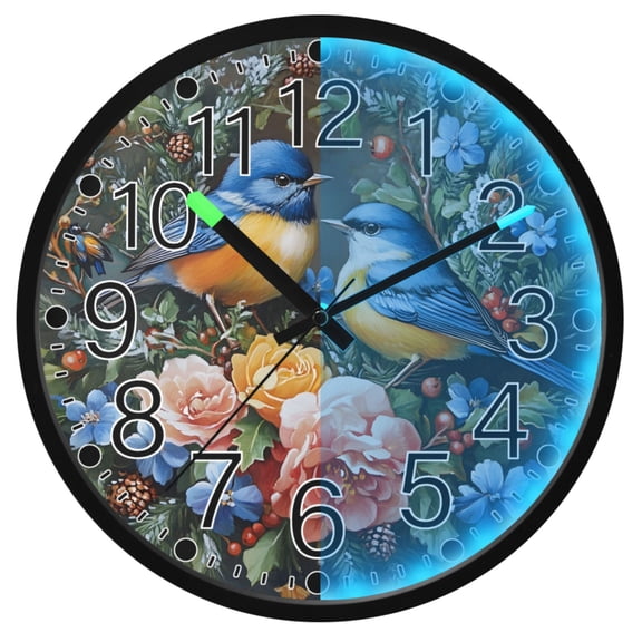 Ryvnso Birds Flowers 12 Inch Night Light Wall Clock Silent Battery Operated Luminous Clocks