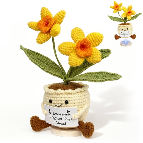 Emotional Support Crochet Dolls, Magnetic Daffodil with Base & Positive Card, Stress Relief Gift for Women, for Friends, Unique Office Desk Decor