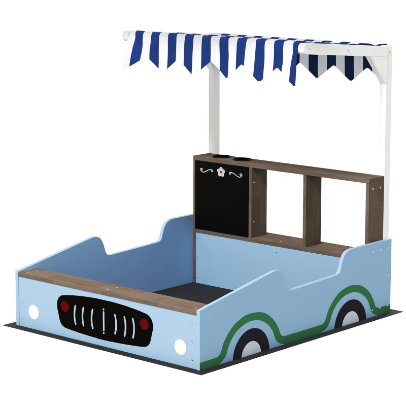 Kids Wooden Sandbox Grocery Store Play Station with UV Canopy, Drawing Board & Planting Boxes, Outdoor Fir Wood Sand Pit with Bench Seat for Ages 3-7