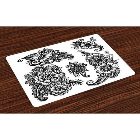 Henna Placemats Set of 4 Hand Drawn Style Vintage Mehndi Compositions Blossoming Flowers Retro Fun Design, Washable Fabric Place Mats for Dining Room Kitchen Table Decor,Black White, by
