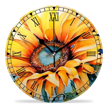 erolrail Rustic Wall Clock,Silent Non Ticking Wall Clocks for Living Room,Bedroom,Kitchen 12IN Cute Sunflower Yellow on Green Exquisite