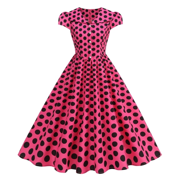 YTCAMLO Notch Lapel 1950s Dresses for Women Dressy Button Down Tie Midi Dress Polka Dot Vintage Dress Flowy Cocktail Swing Dress, Hot Pink S
