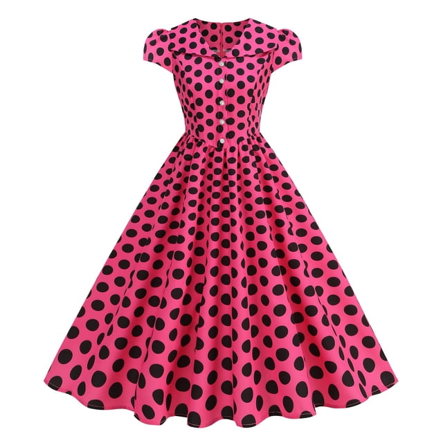 TaTaai Womens Casual Vintage Polka Dot Print Stand Collar Short Sleeve Button Down Flared Dress Elegant Fashion Lightweight Spring Summer Outfits Gift