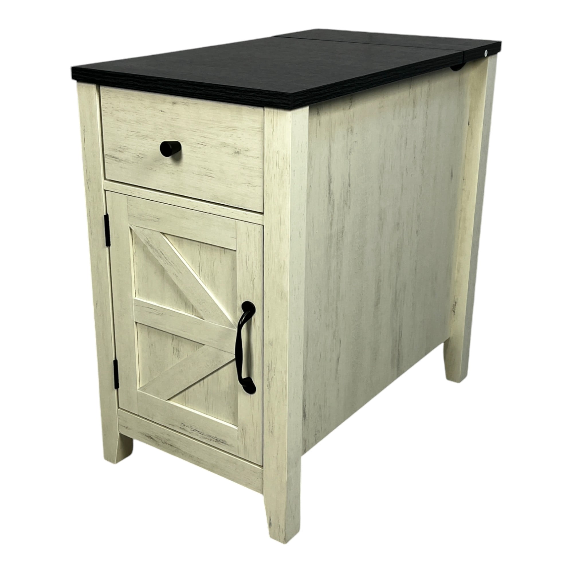 Farmhouse End Table Bedside Table with Charging Station,Night Stand with Barn Door and Drawer, Storage for Bedroom Living Room ,Bedside Table, White+Black color