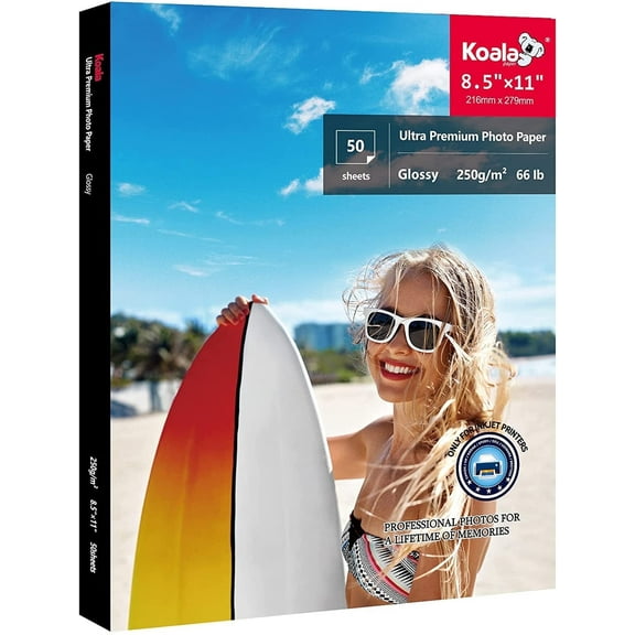 Koala Premium Photo Paper 8.5x11 Glossy , 66lb 250gsm, 50 Count, Picture Paper for Inkjet Printers, Water-Resistant