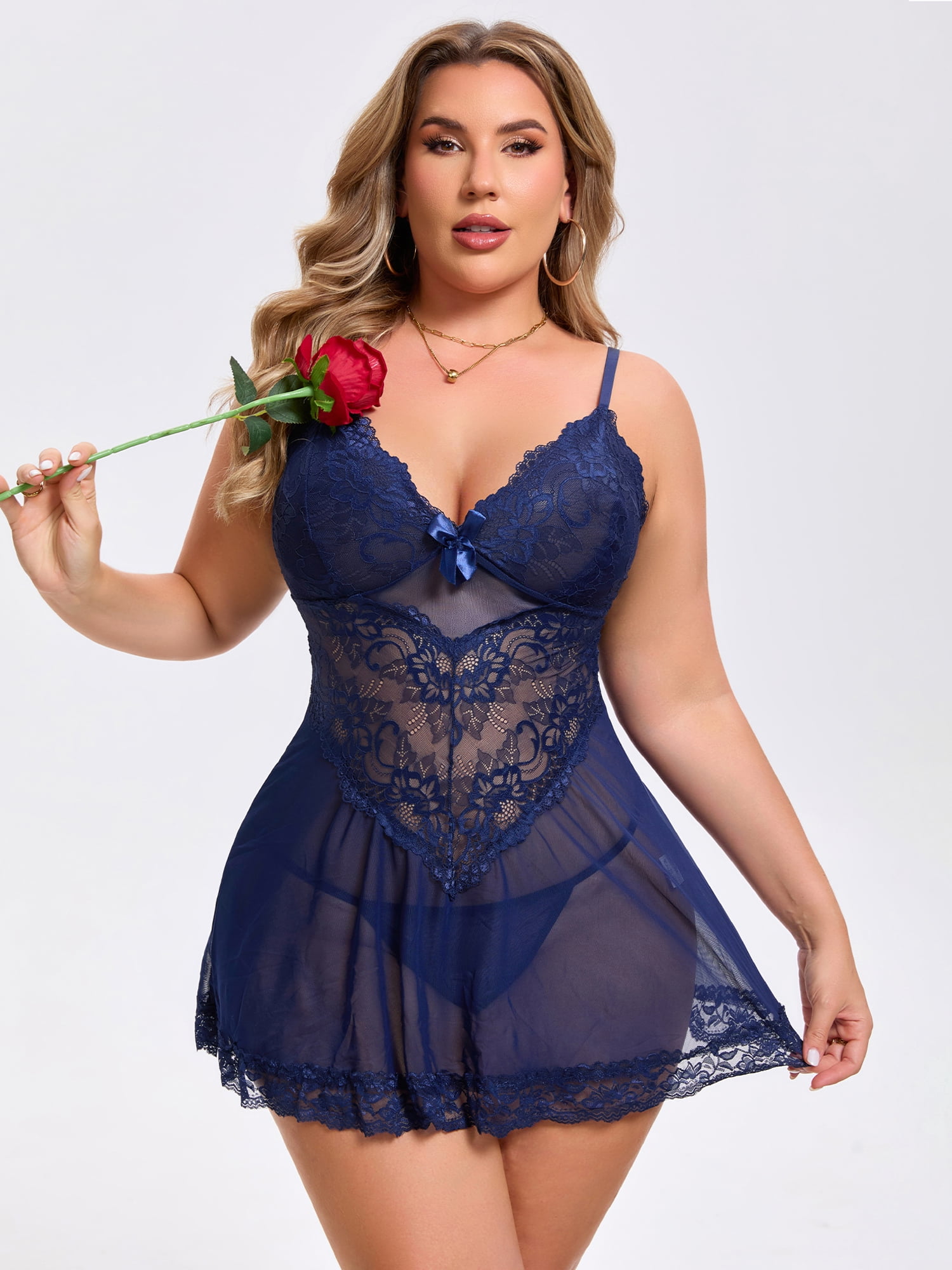 DARING DIVA Women's Plus Size Lingerie Lace V Neck Mesh See Through Chemise XL Blue