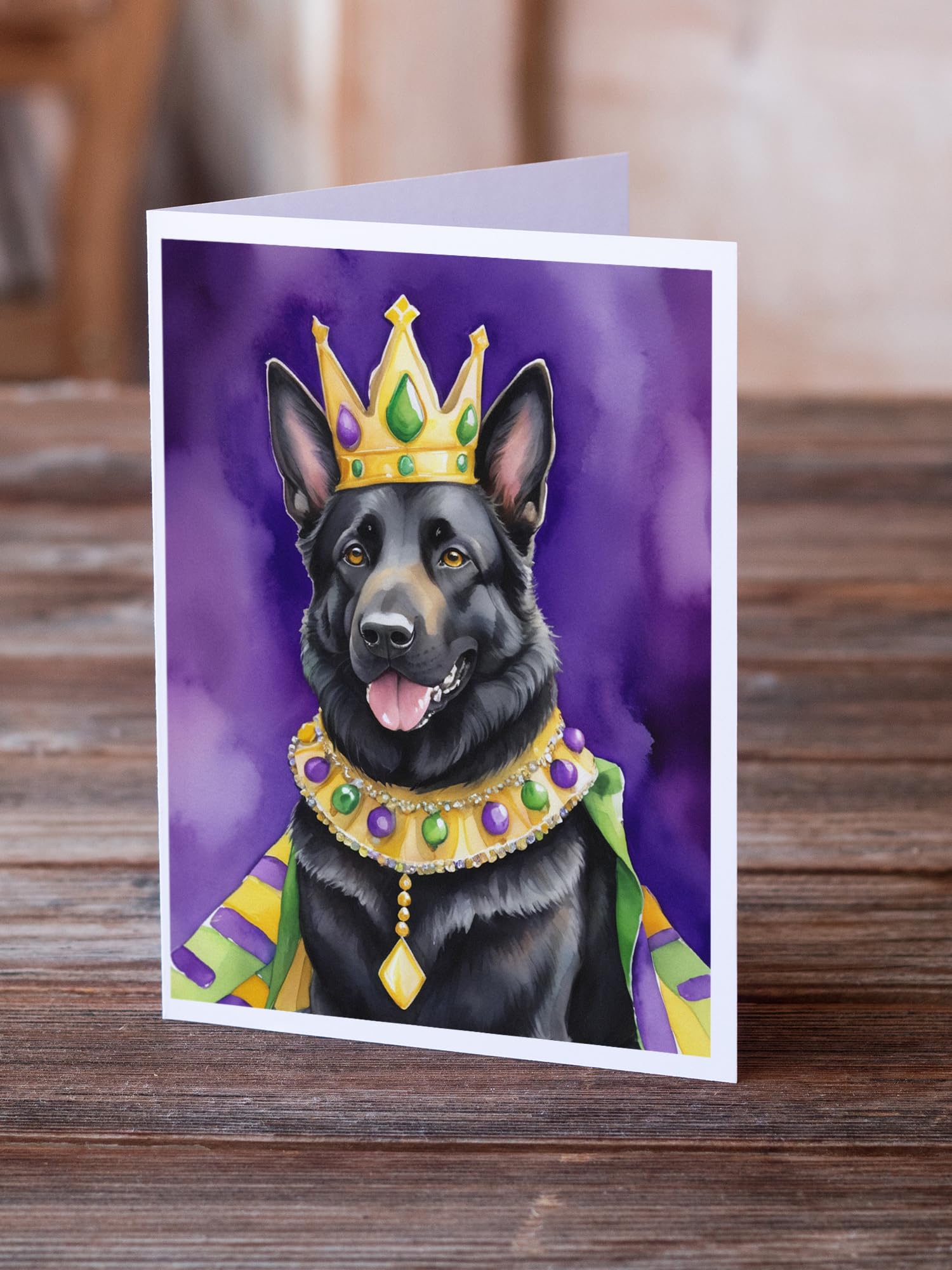 Black German Shepherd King of Mardi Gras Greeting Cards Pack of 8 7 in x 5 in