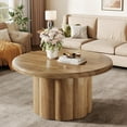 thumbnail image 2 of Finmind 31.5" Round Coffee Table, Farmhouse Wooden Center Table with Fluted Drum Base, Rustic Cocktail Table for Living Room, Apartment, Small Space, Brown, 2 of 7