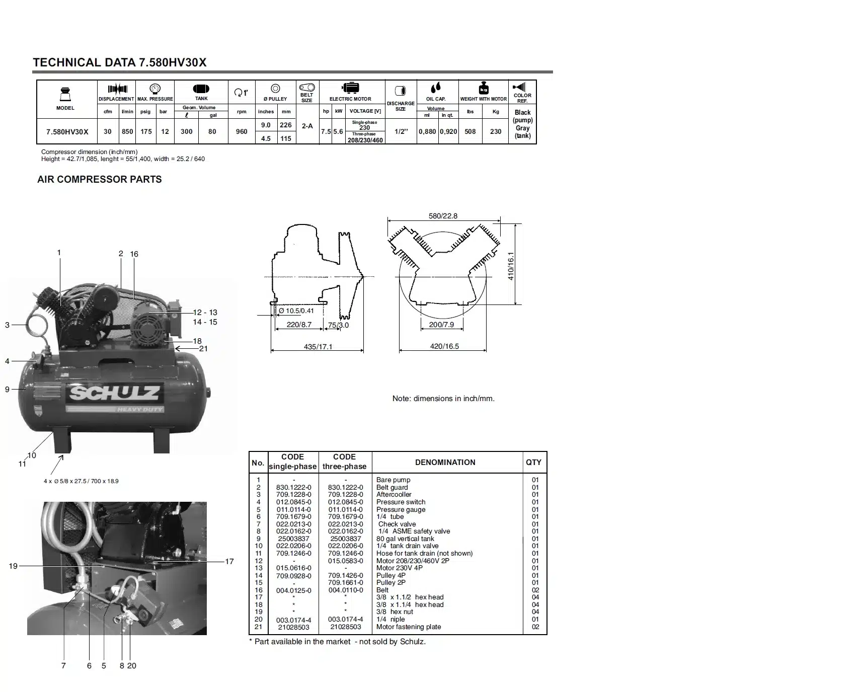 Schulz v-series single phase 230 volts-30cfm,7.5-hp 80-gallon air compressor 7580hv30x-1 horizontal