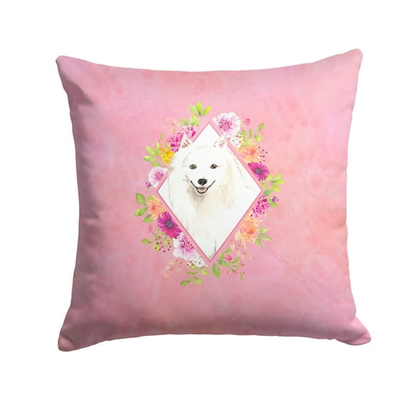 Japanese Spitz Pink Flowers Fabric Decorative Pillow