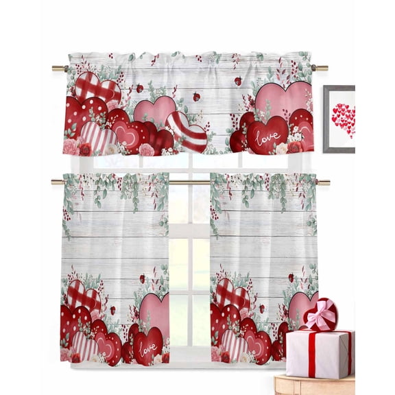 Valentine's Day Kitchen Curtains Valances and Tiers Set of 3, 24 Inch Length Tier Curtains and Valance Rod Pocket Valance Curtains Set for Kitchen Bathroom Small Windows