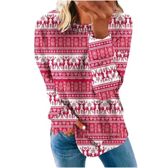 Holiday Graphic Pullover Top for Women Long Sleeve Crewneck Thin Lightweight Sweatshirt Loose Print Festival Outfit (Small, Hot Pink)