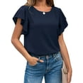 thumbnail image 3 of Xuanfei Women Crew Neck Ruffle Short Sleeve Back Cut Out Lace Up Blouse, 3 of 7