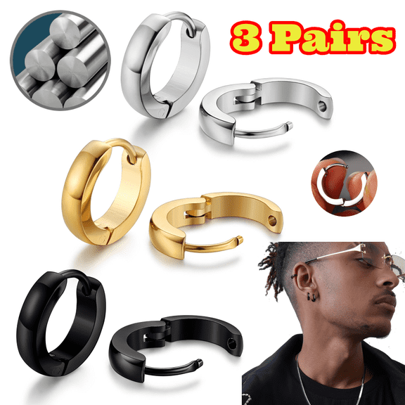 3 Pairs Small Hoop Earrings for Men Women, 316 L Surgical Stainless Steel Gold/Silver/Black Hoop Earrings for Men
