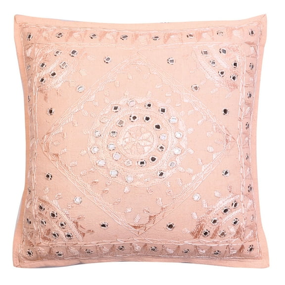 Stylo Culture Indian Decorative Throw Pillow Cover 16 x 16 Hand Embroidered Peach Bohemian 40x40 cm Home Decor Cotton Mirrored Square Cushion Cover | 1 Pc