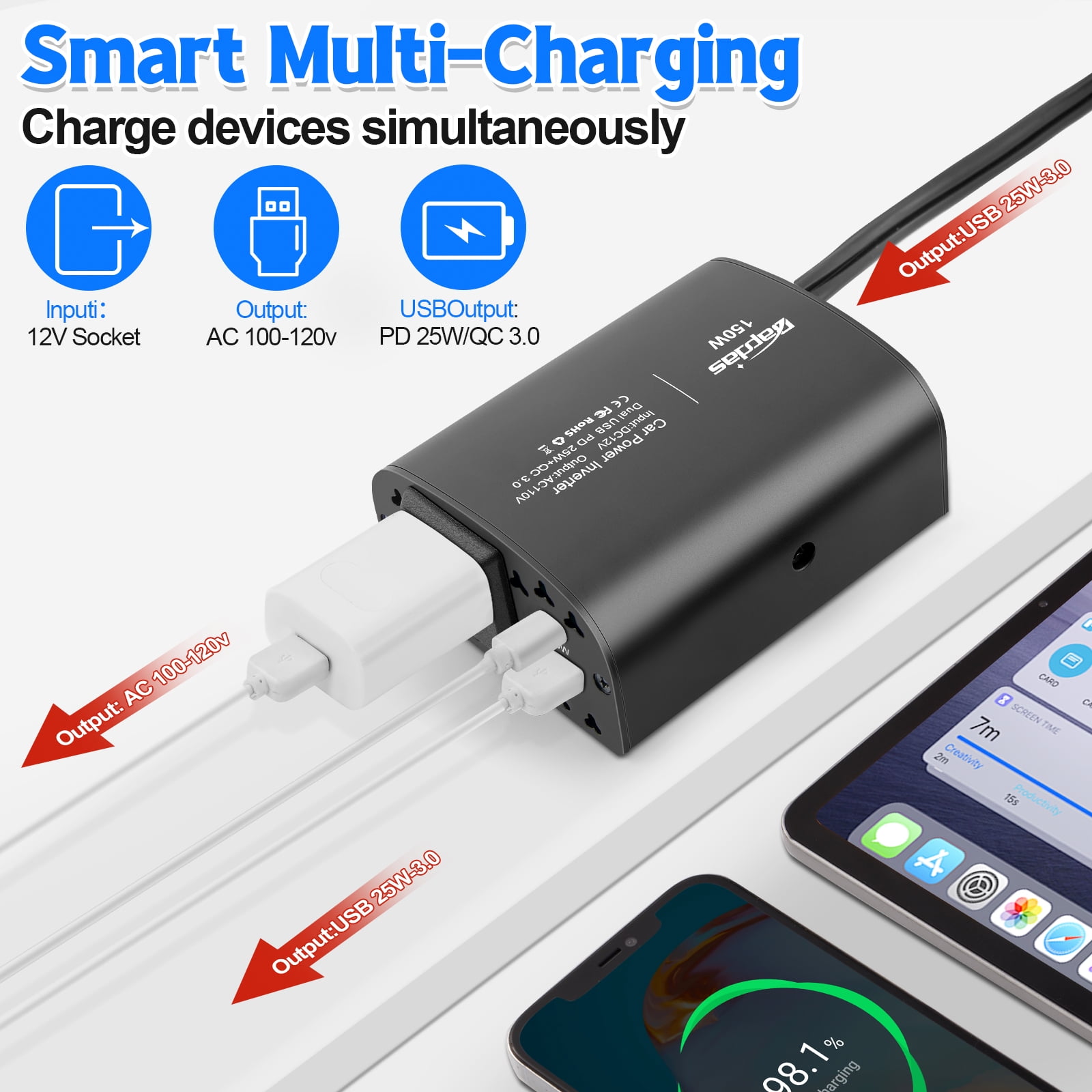 150W  Power Inverter DC 12V to 110V AC Car Plug Outlet Adapter with PD 25W USB C& QC 3.0 Car Laptop Charger-Black