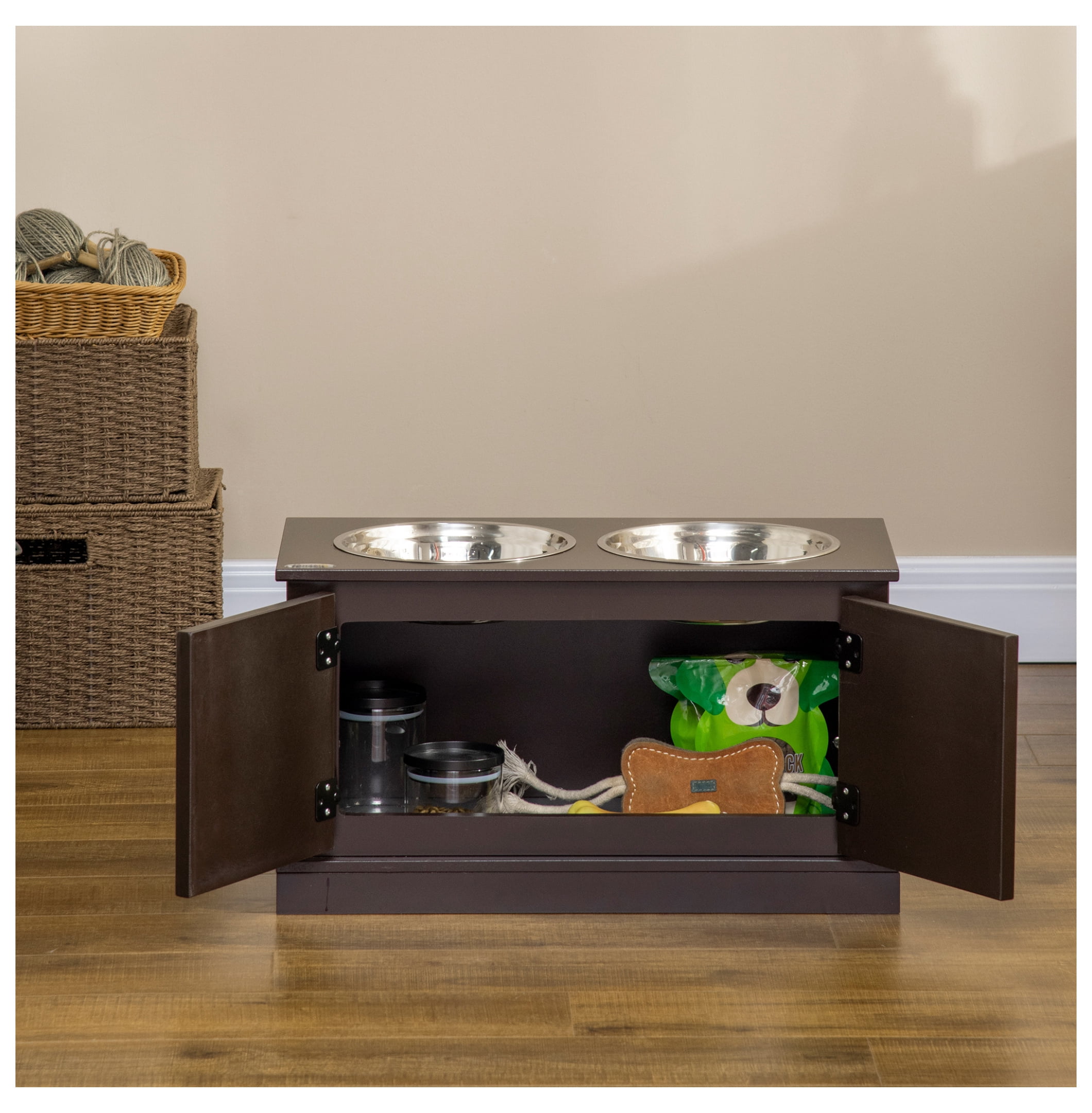 Elevated Dog Bowls for Large Dogs, Stainless Steel Pet Feeder with Storage - Coffee Finish