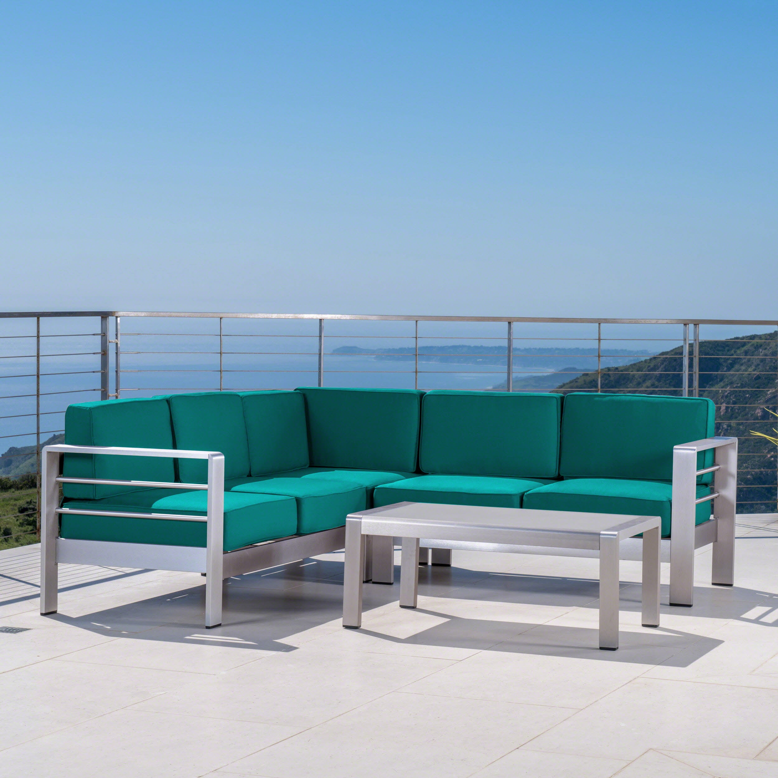 Gannon Outdoor 4 Piece Aluminum Sectional Sofa Set, Silver, Canvas Teal