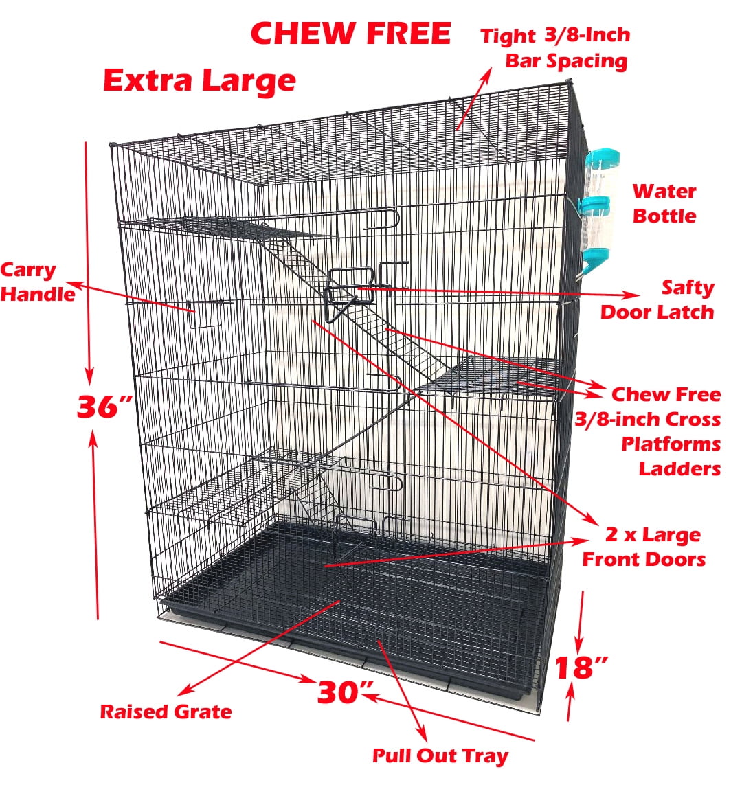 X-LARGE 36" Multi-Floors Small Animals Critters Rats Mice Hamster Gerbil Mouse Habitats Cage Tight 3/8-Inch Bar Spacing For Guinea Pig Ferret Chinchilla Sugar Glider Hedgehog Squirrel Rodent Degu