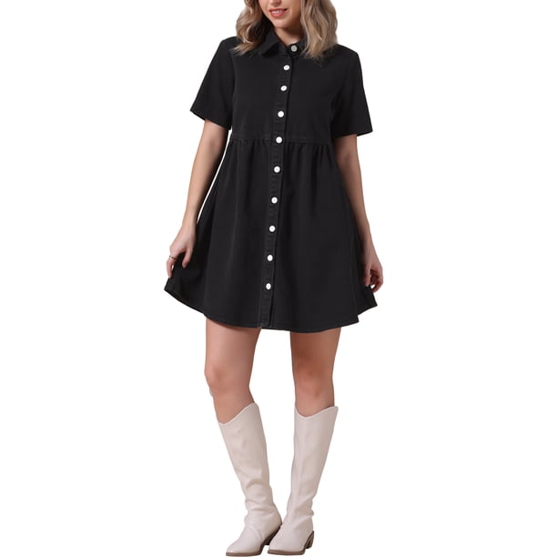 INSPIRE CHIC Vestido Mini de Jean con Cuello y Botones de Manga Corta para Mujer S Negro