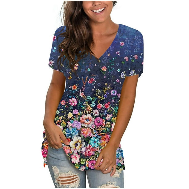 Blusa de camiseta informal con estampado de manga corta y cuello en V de verano para mujer a la moda Fridja hjk5571