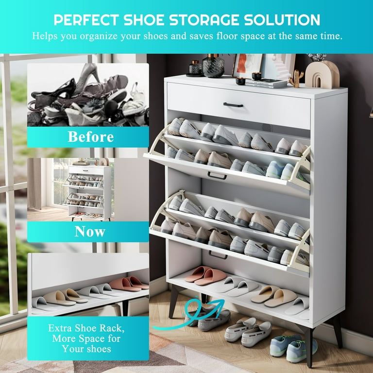 Shoe Storage Cabinet, HSUNNS 20Pair Shoe Rack Organizer with 2 Flip Drawers  for Entryway, Free Standing Shoe Storage Rack with Drawers and Open Shelf,  White 