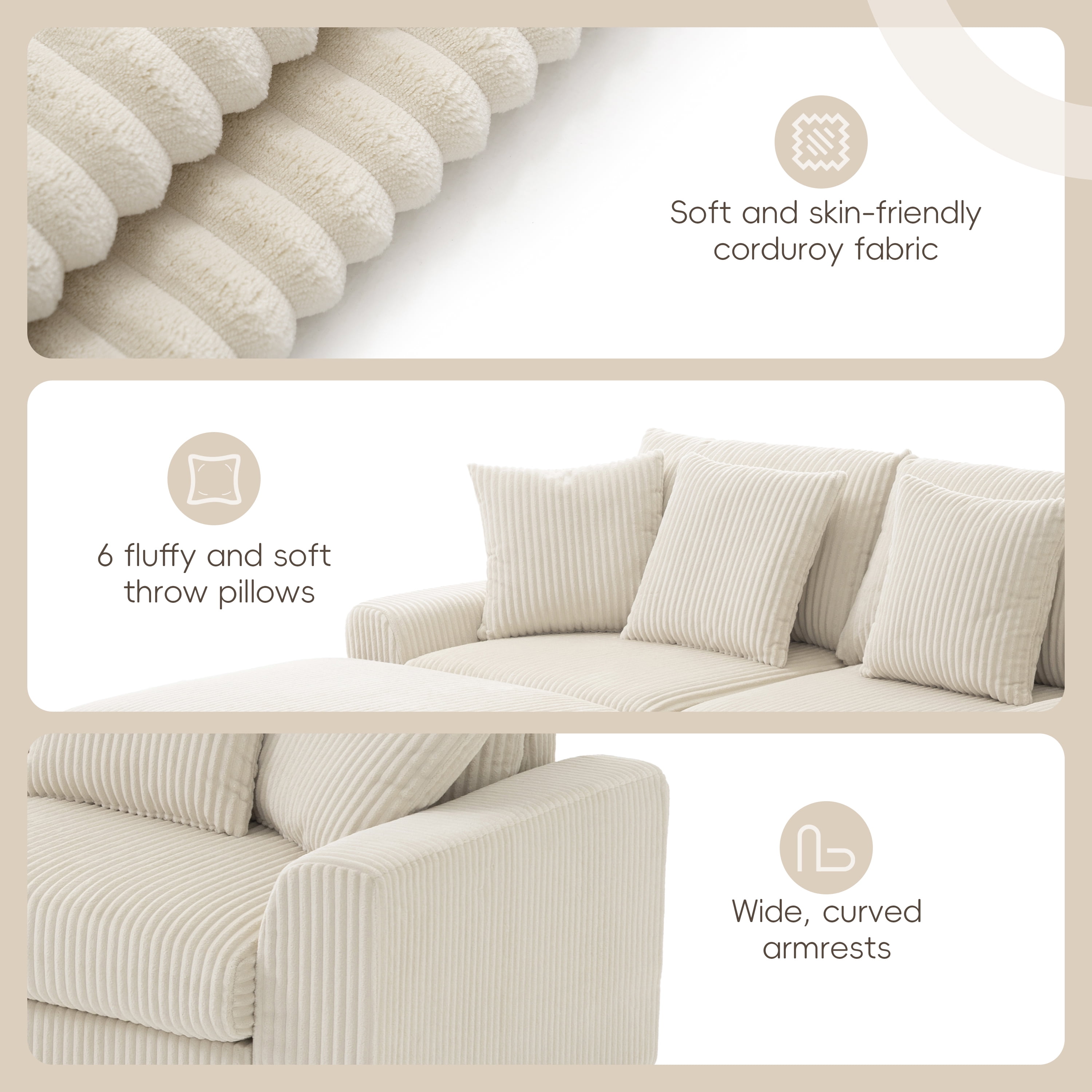 Sectional Sofa, Modular Sofa, U-Shape Couch, Corduroy Sofa with Console, Integrated Audio and Movable Ottoman, Cream