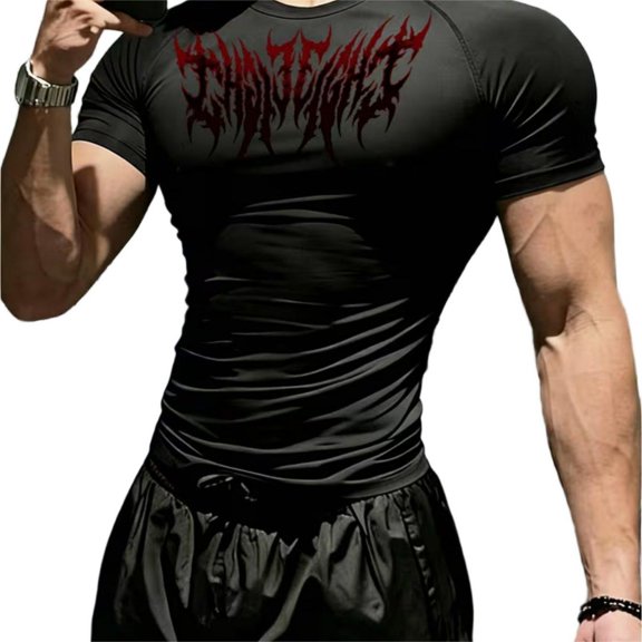 Y2k Men's Athletic Compression Shirt Gothic Graphic Compression Shirt Round Neck Short Sleeve Gym Quick Dry Lightweight Workout Tee