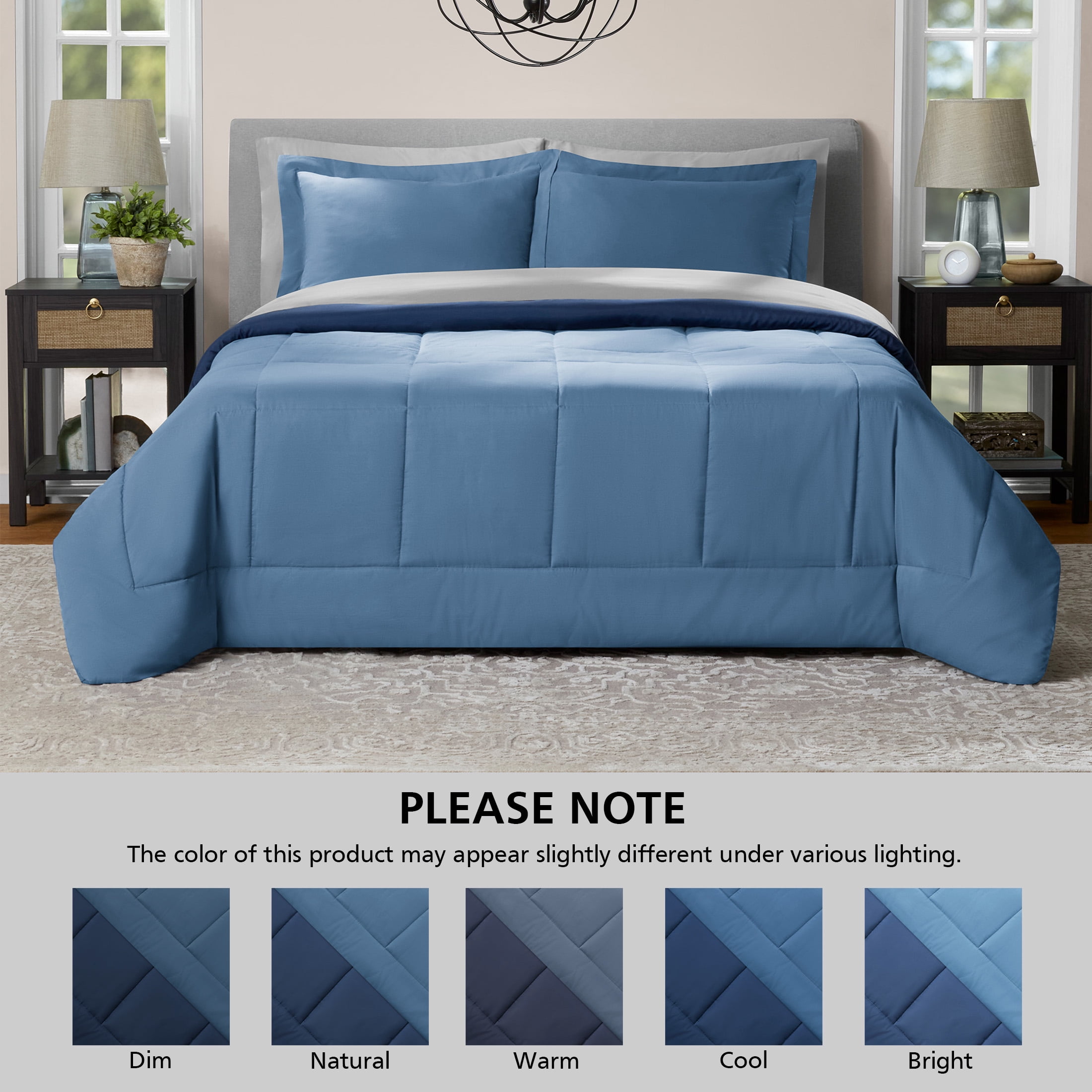 Mainstays Reversible 7-Piece Comforter and Sheet Set, Full, Light Blue