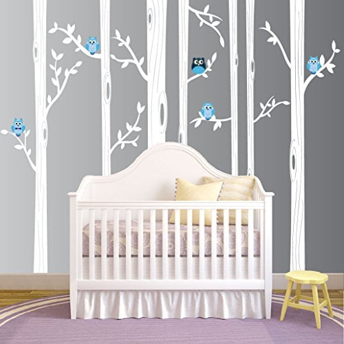Nursery Birch Tree Wall Decal Set With Owl Birds Forest Vinyl Sticker, Birch Tree Wall Decal, Birch Tree Decal Baby Boy Whimsical Owls (7 trees) #1321 (84" (7ft) Tall, White Trees, Blue Owls