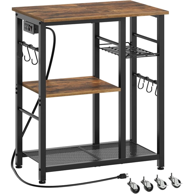 Movable Bakers Rack, Microwave Stand with Charging Station, Kitchen Storage Rack with Hooks and Basket, Casters and Adjustable Feet, for Small Space, Kitchen, Dining Room, Rustic Brown HB04UBR