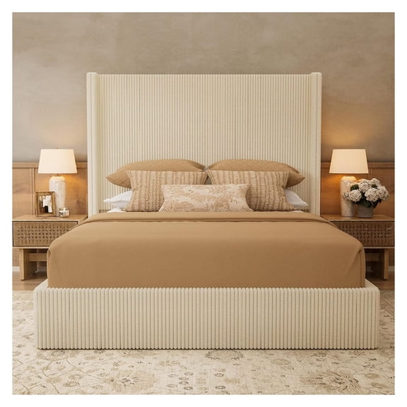 Lift Up Storage Bed Frame Queen, 51.2 Inch Tall Wingback Headboard, Corduroy Upholstered Hydraulic Platform Bed, Beige