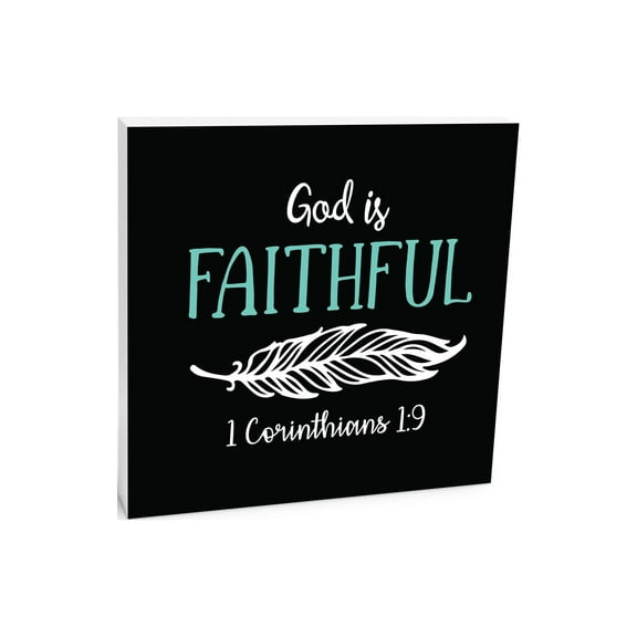 He Is Faithful White Feather 10 x 10 Wood Tabletop Sign Plaque